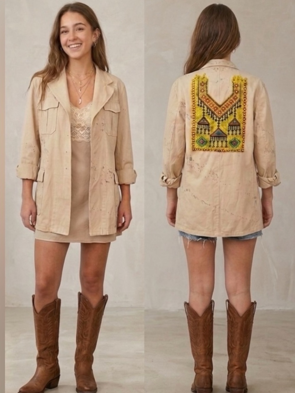 NWT Tricia Fix Tan Reworked Utility Cargo Jacket Hand Beaded Boho Military Large